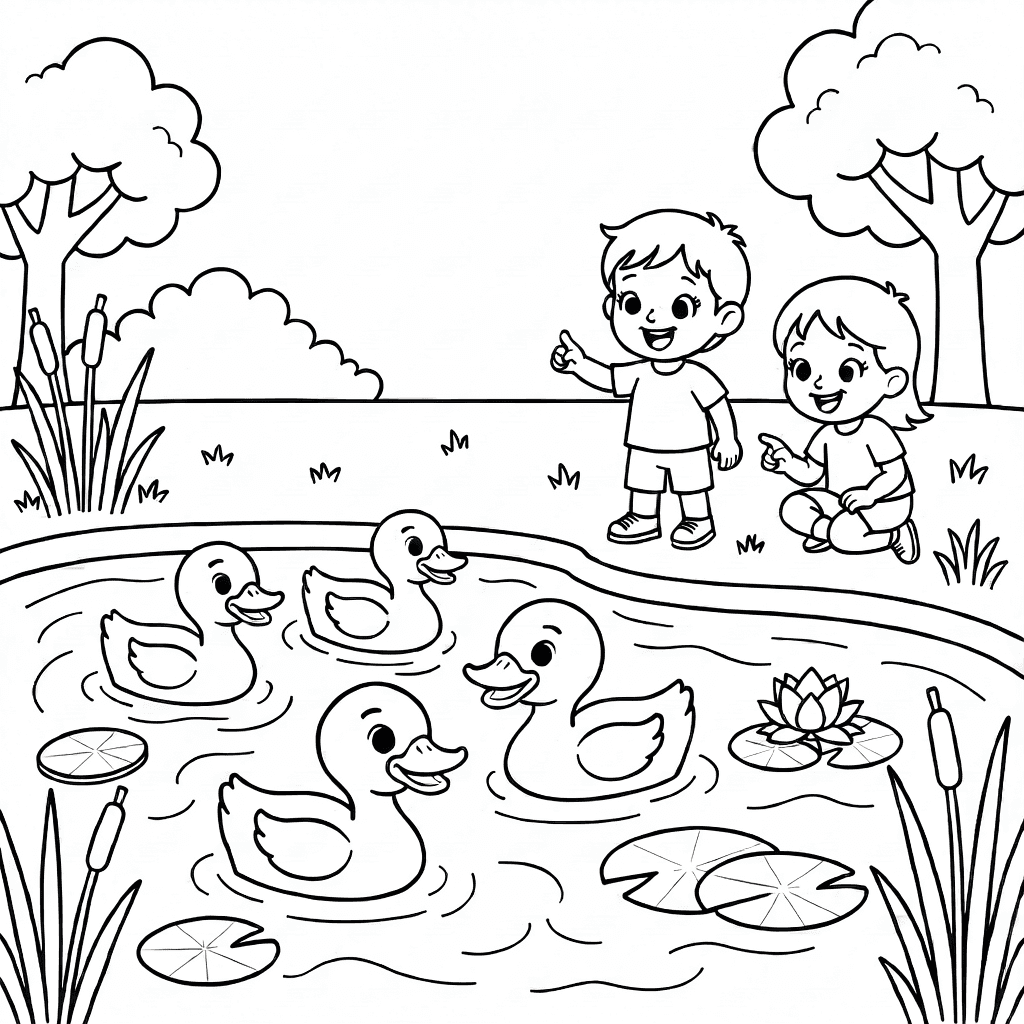 Family of ducks swimming in a pond with children watching nearby and natural reeds and trees around