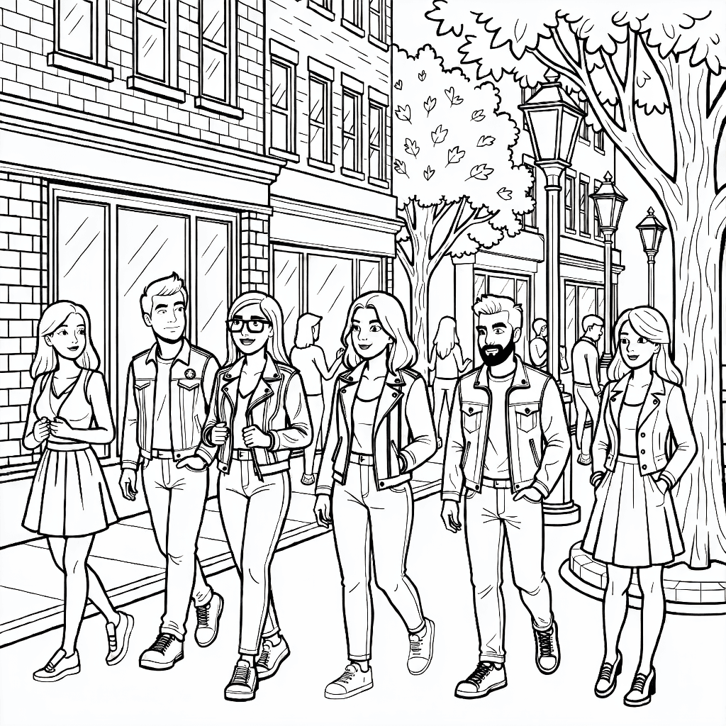 Scena di strada realistica con persone alla moda, vetrine, lampioni e alberi