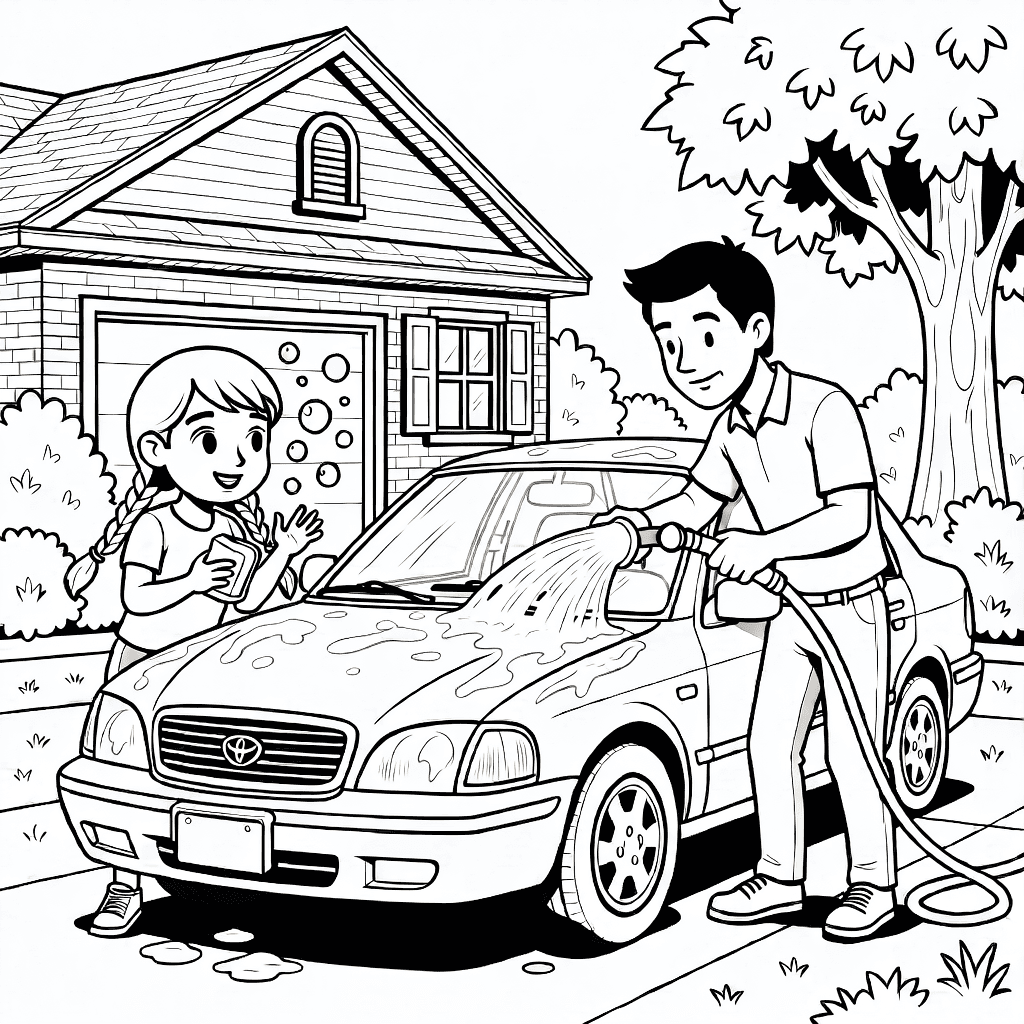 Junges Mädchen mit geflochtenem Haar hält einen Schwamm und wäscht ein Auto mit ihrem Vater in einer Einfahrt mit Garten und
