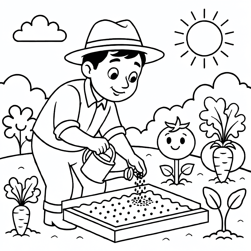 Freundlicher Bauer pflanzt Samen in sonnigem Gemüsegarten mit Karotten und Tomaten