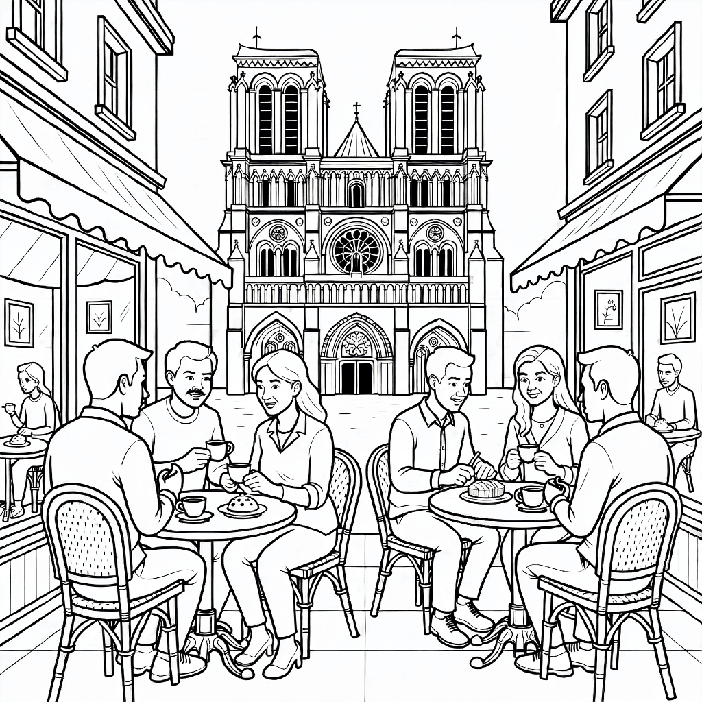 Straßencafé mit Menschen, die Kaffee und Gebäck genießen, Notre-Dame-Kathedrale im Hintergrund mit gotischer Architektur