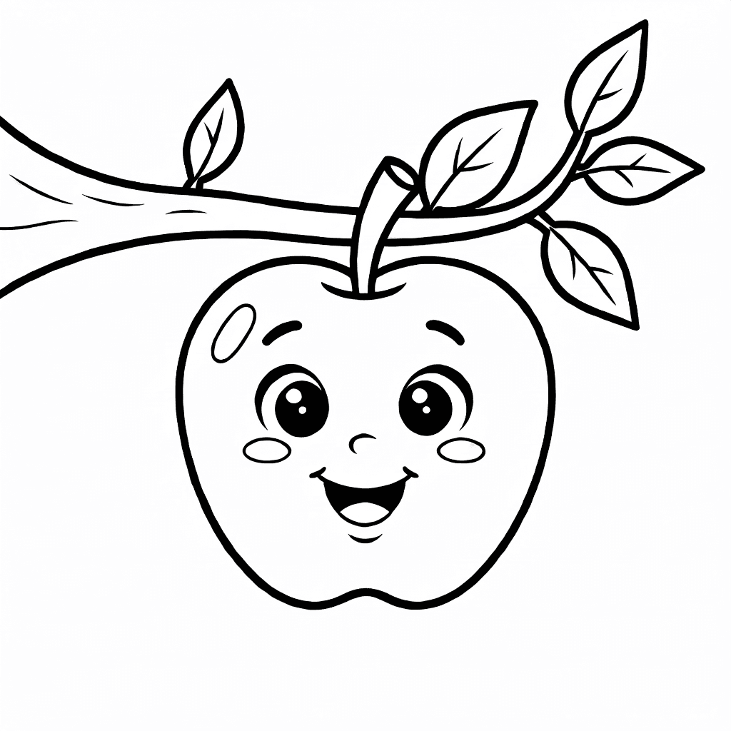 Ein fröhlicher Apfel mit Gesicht, der an einem Ast mit Blättern schwingt