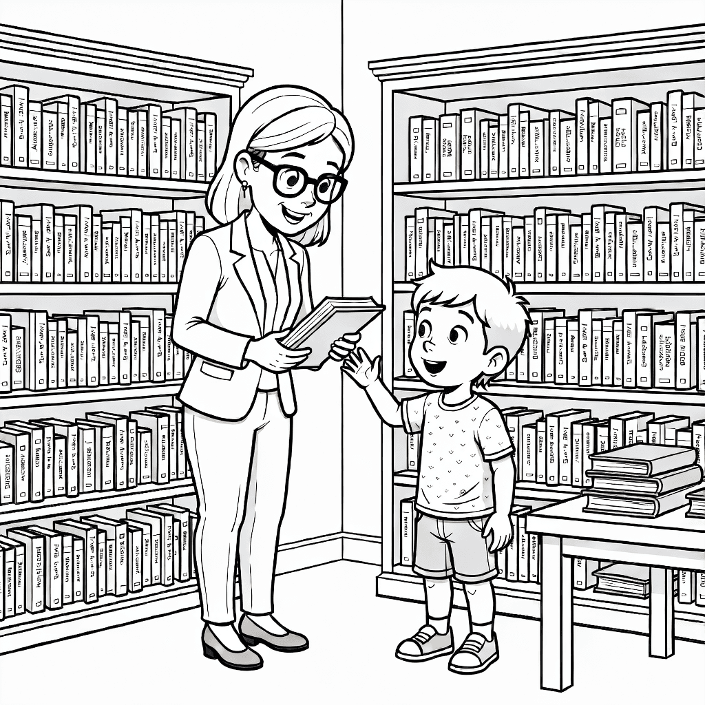 Ein Bibliothekar hilft einem Kind, Bücher in einer detaillierten Bibliothek zu finden