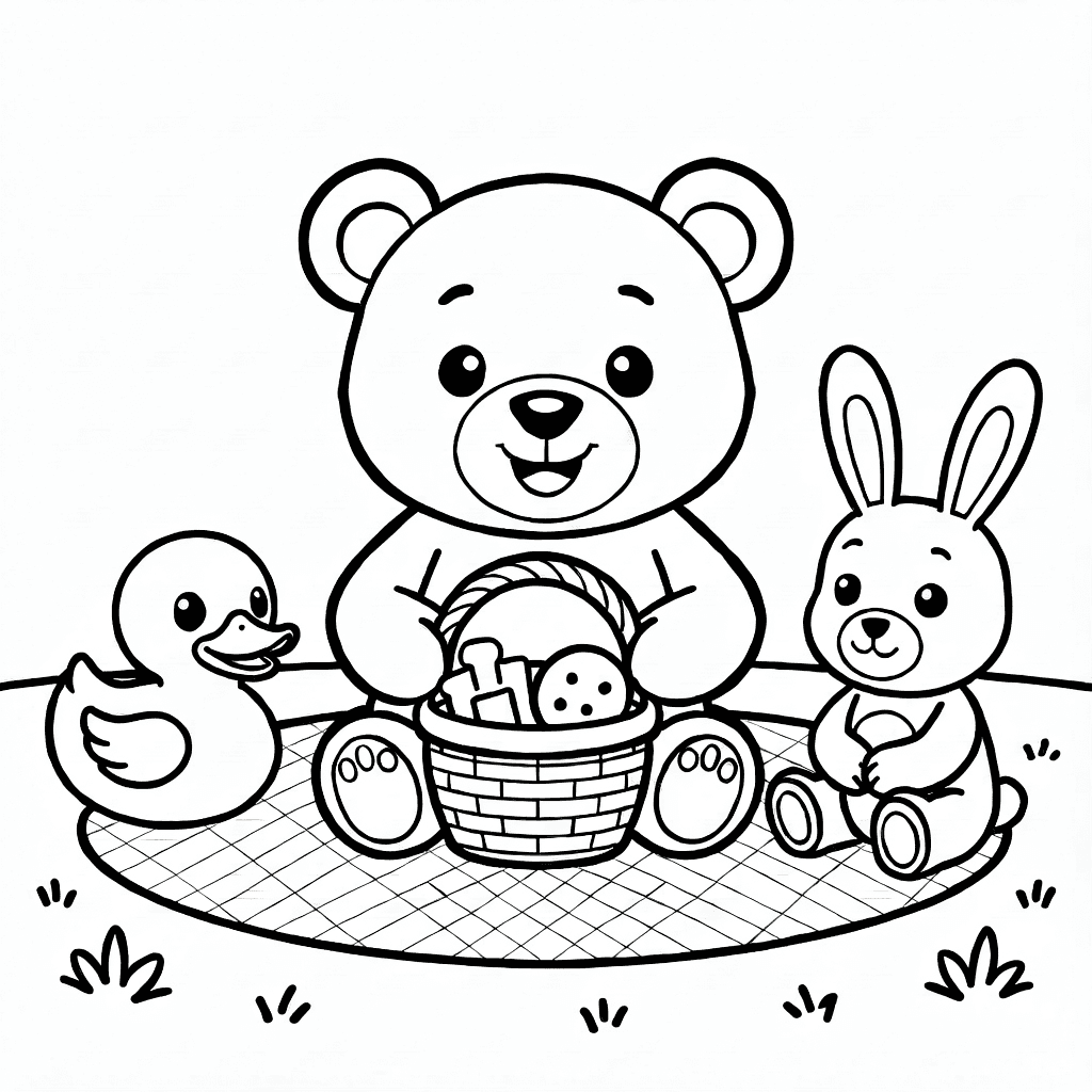 Orsetto a pic-nic con paperotto di gomma e coniglietto di peluche su coperta con cesto di cibo