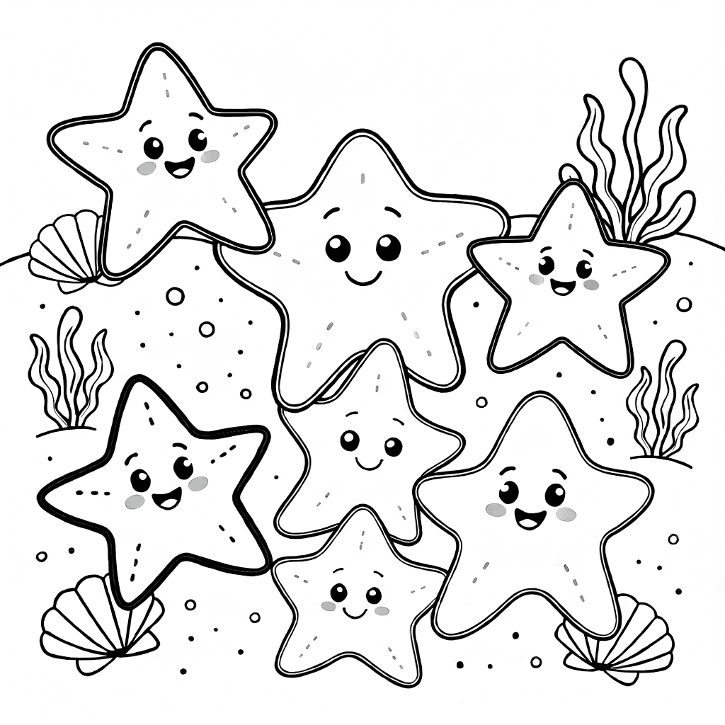 Group of smiling starfish with rounded bodies lying on sandy ocean floor with shells and seaweed nearby