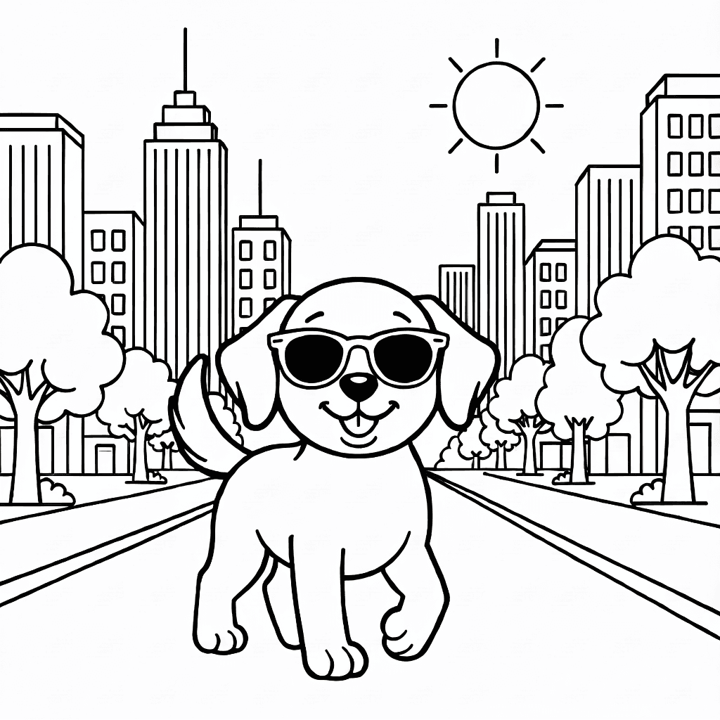 Happy dog wearing sunglasses walking on a sunny street with skyscrapers in the background