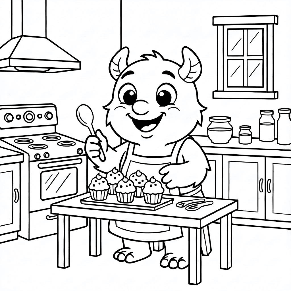 Fröhliches Monster mit Schürze und Löffel beim Cupcake-Backen in gemütlicher Küche mit Fenster und Ofen