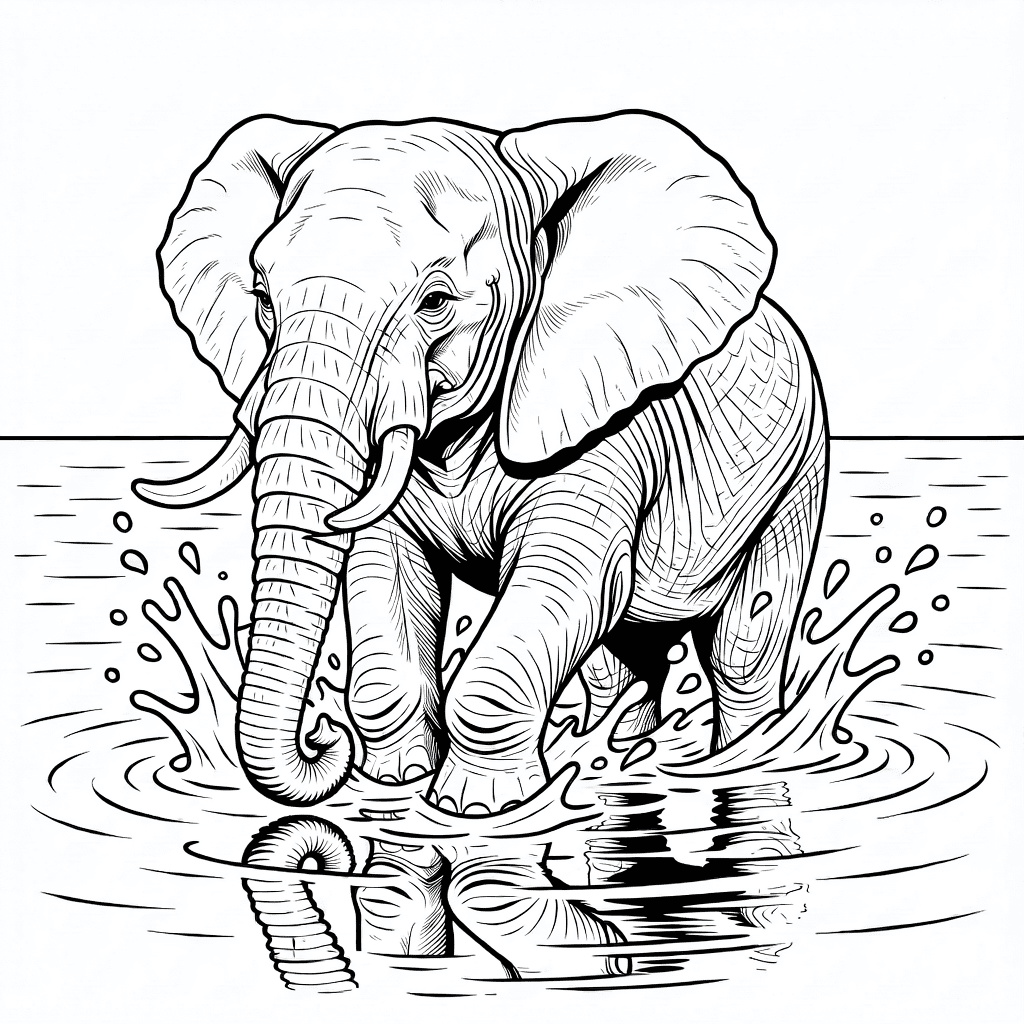 Realistic elephant swimming in water with rippling waves and splashes, showing detailed skin and features