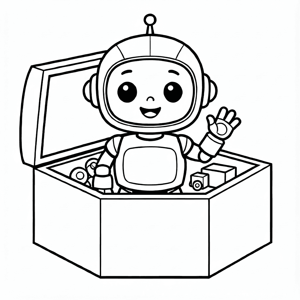 Piccolo robot carino che saluta da una scatola di giocattoli con giocattoli