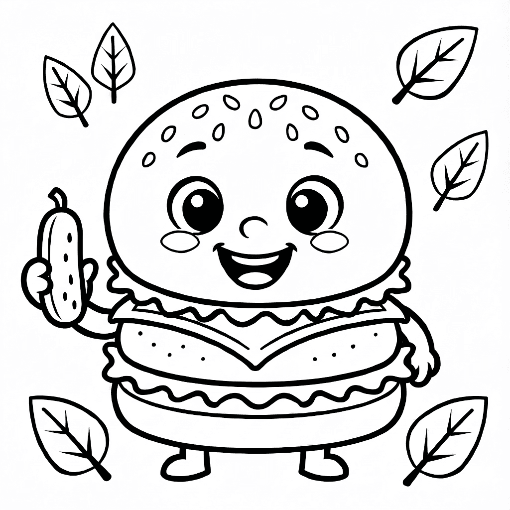 Fröhlicher Burger mit Sesambrötchen, Salat, Käse, Patty, großen Augen, lächelnd, hält eine kleine Gurke, mit Blättern und