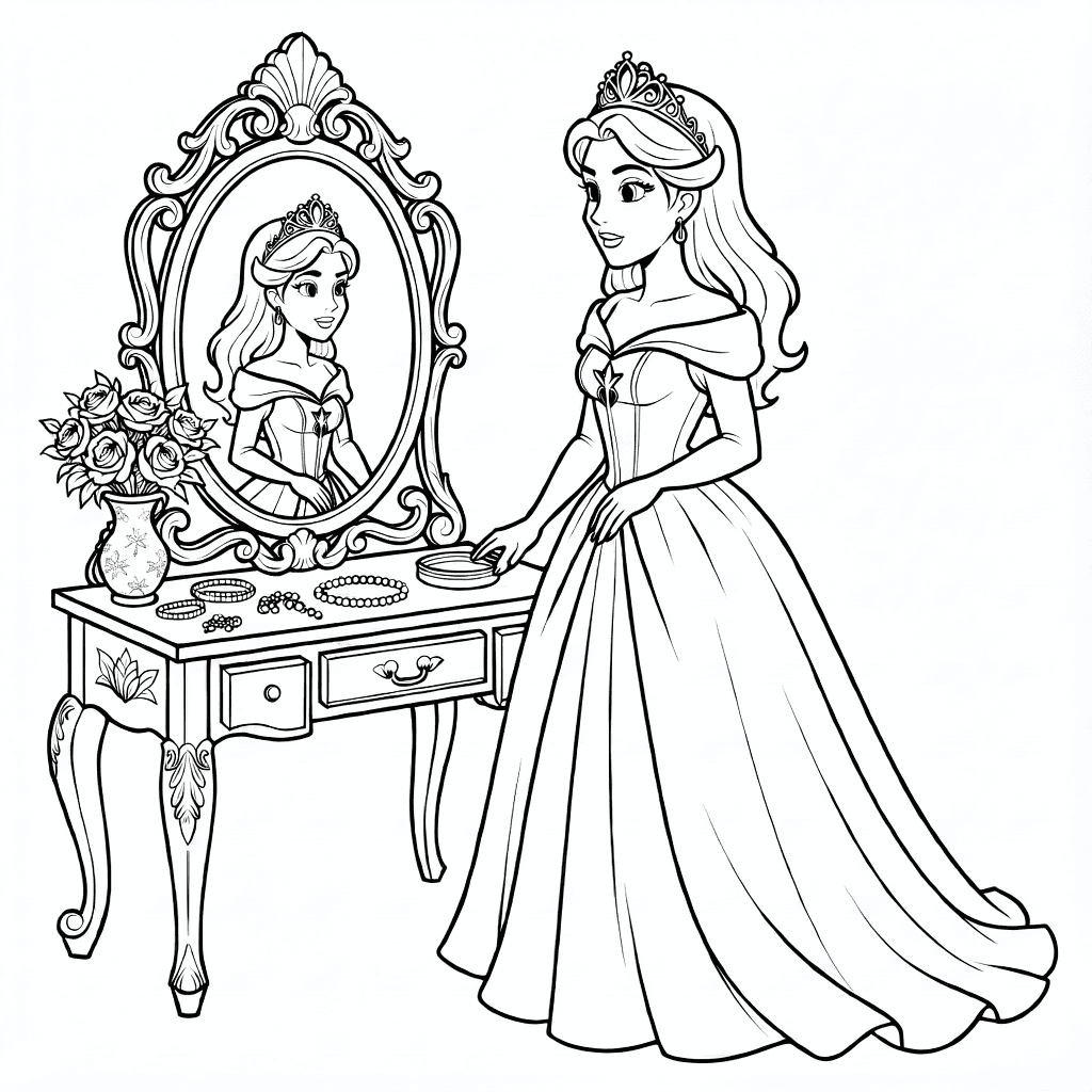 Principessa con abito fluente e tiara che guarda in uno specchio ornato accanto a tavolo da toeletta con gioielli e fiori