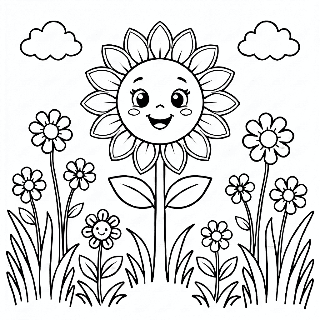 Girassol sorridente com pétalas arredondadas em jardim com flores simples e grama alta, fundo branco