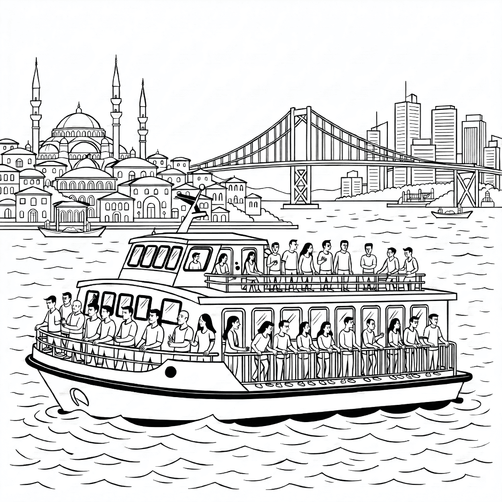 Crowded ferry crossing the Bosphorus with passengers on deck and Istanbul skyline including minarets and suspension bridge
