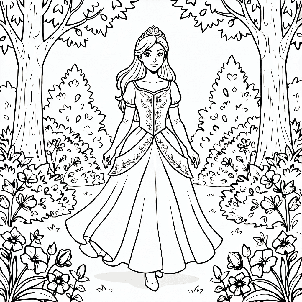 Principessa con capelli lunghi e tiara che cammina in un giardino del palazzo con alberi, cespugli e fiori
