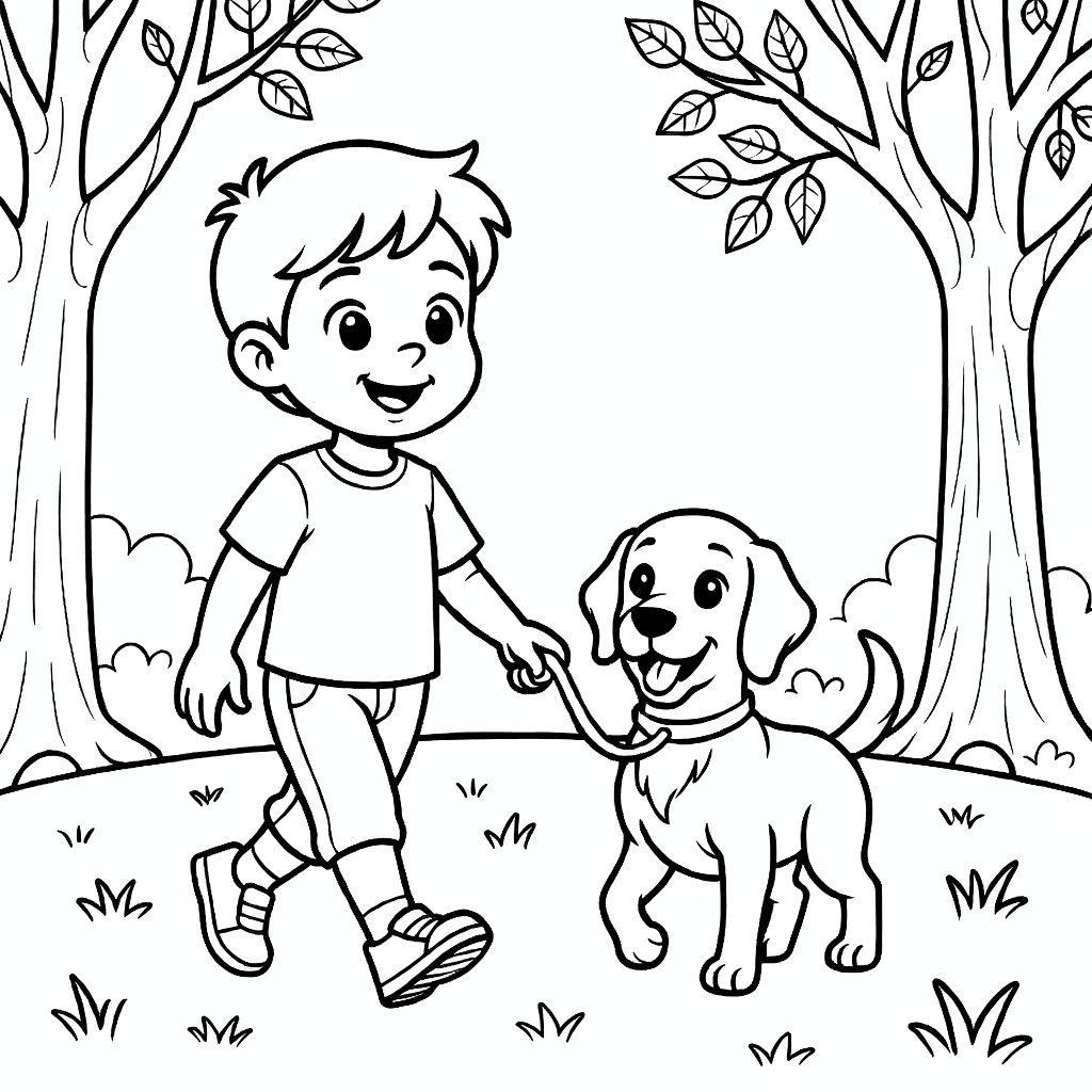 A happy kid walking a smiling dog together outdoors