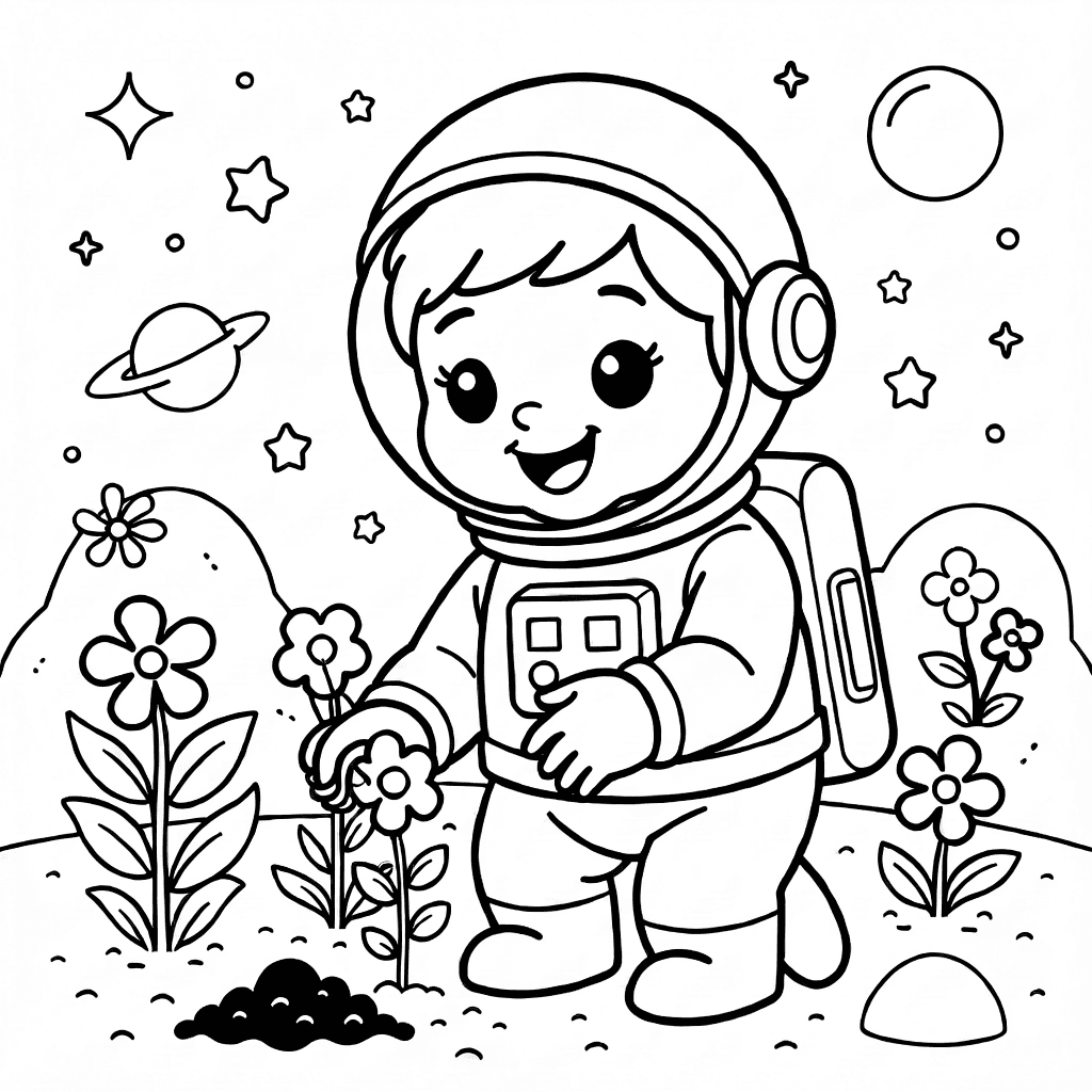 Astronauta feliz com capacete arredondado plantando flores em jardim espacial com plantas e pedras