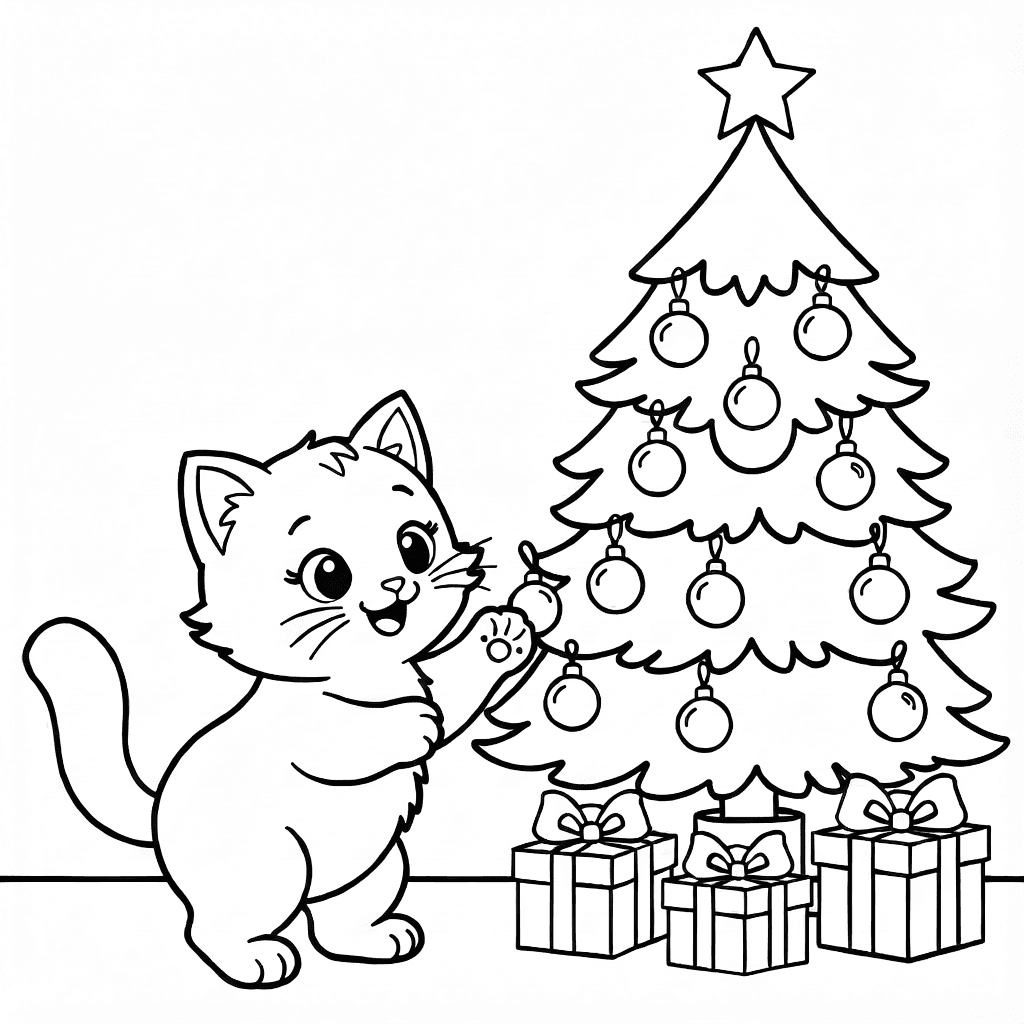 Flauschiges Kätzchen spielt mit Weihnachtskugeln unter einem geschmückten Baum mit Geschenkboxen
