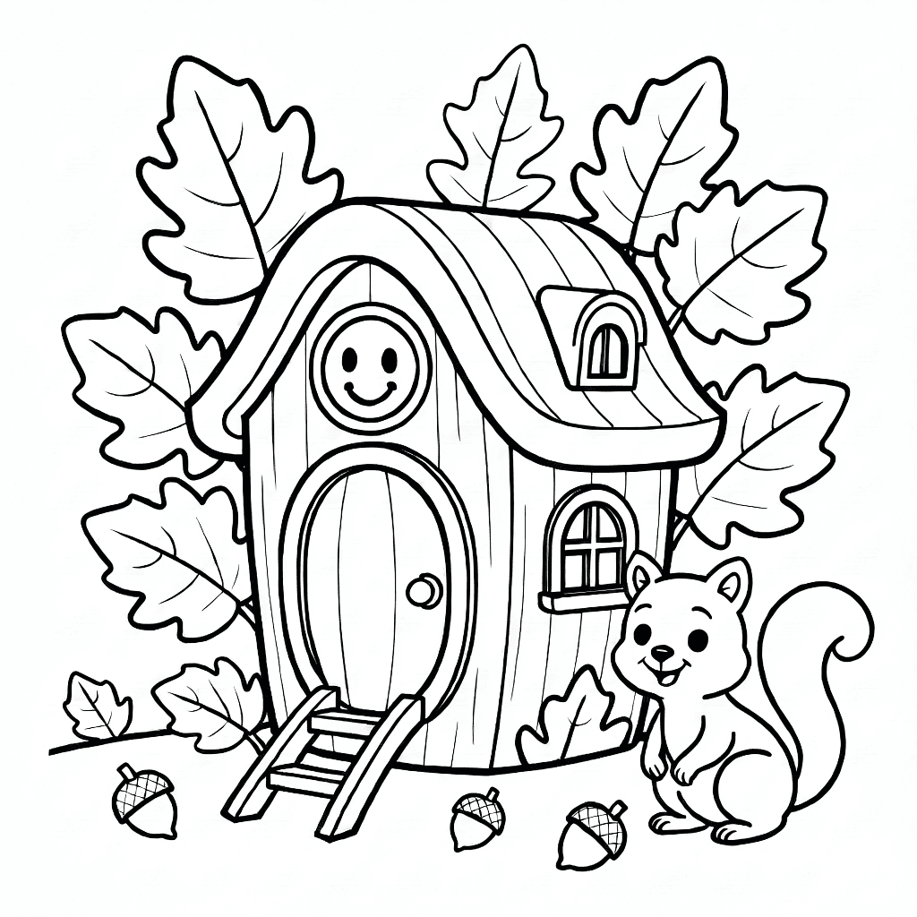 Casa sull'albero accogliente con tetto curvo e finestra sorridente tra grandi foglie autunnali, scoiattolo felice e ghiande
