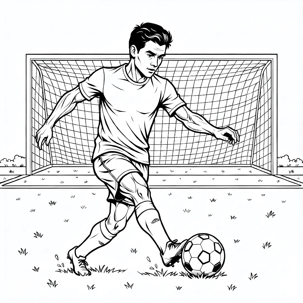 Jugador de fútbol pateando balón sobre césped con arco al fondo
