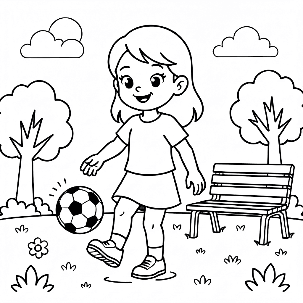 Niña sonriente haciendo malabares con balón de fútbol en parque soleado con árboles y banco