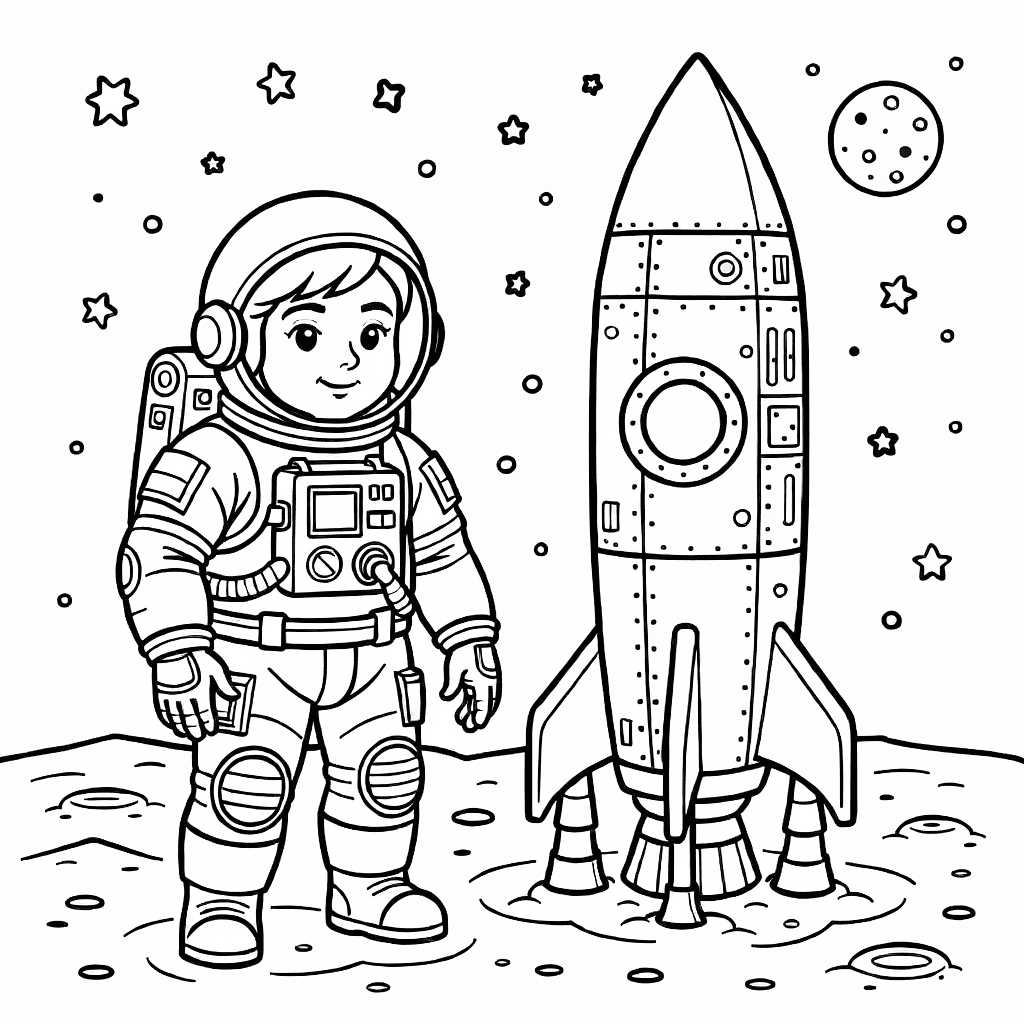 An astronaut floating beside a rocket ready for launch in space