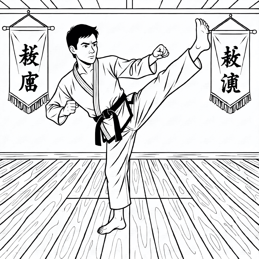 Instructor de karate con gi haciendo patada alta en dojo tradicional con piso y pancartas