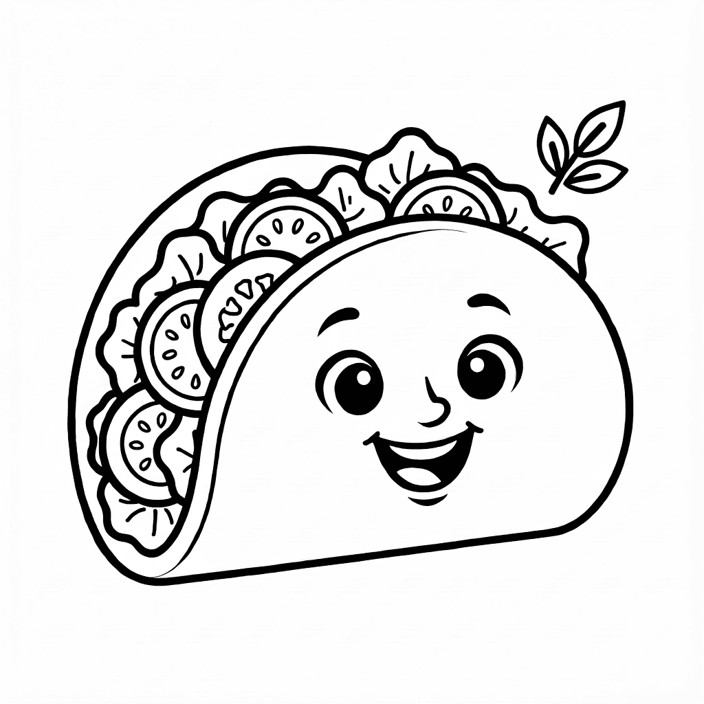 Ein lachender Taco mit sichtbaren Füllungen und Blättern zum Ausmalen