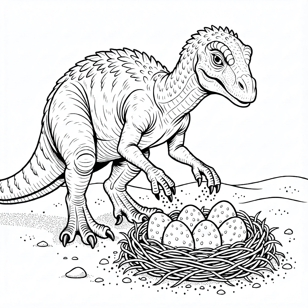 Dinossauro Oviraptor realista coletando ovos em ninho arenoso pré-histórico com penas detalhadas e pele texturizada