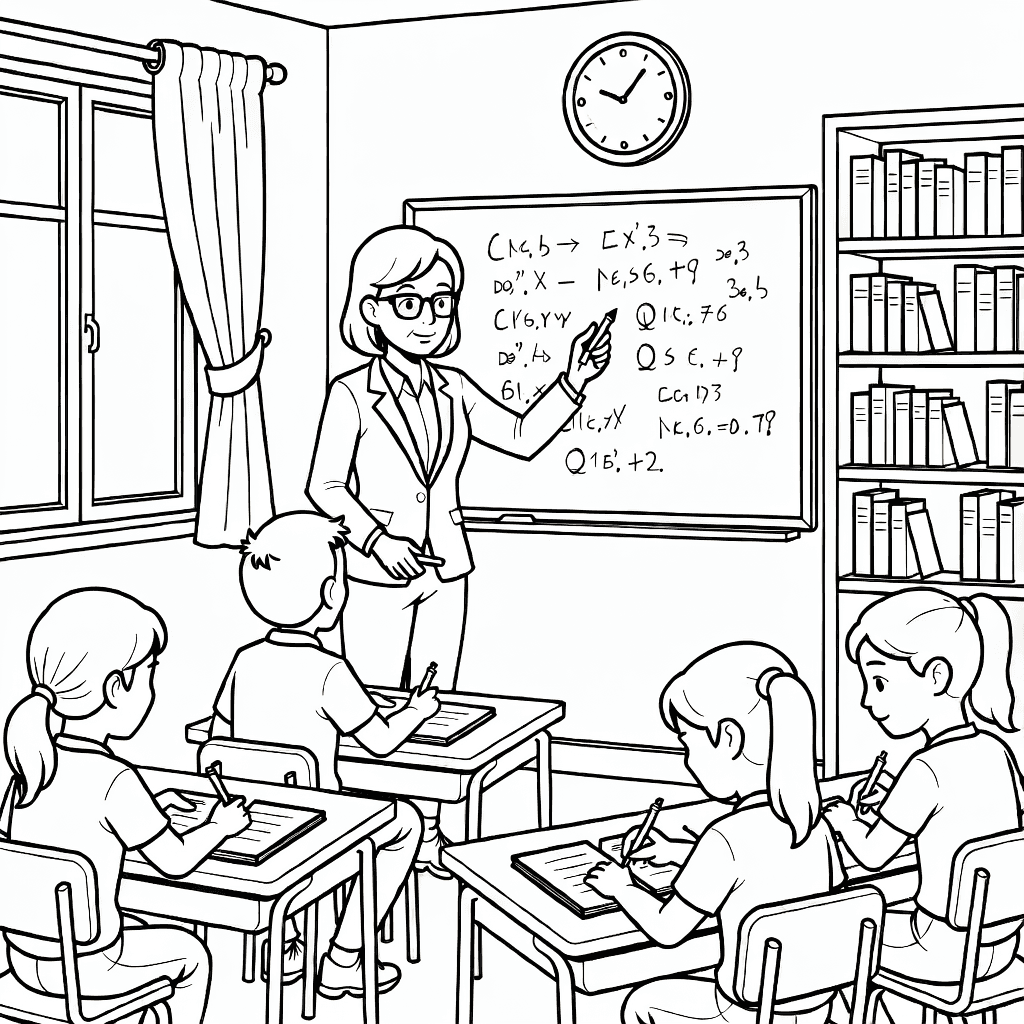 Enseignant écrivant au tableau avec élèves aux bureaux, fenêtre, horloge et étagères de livres