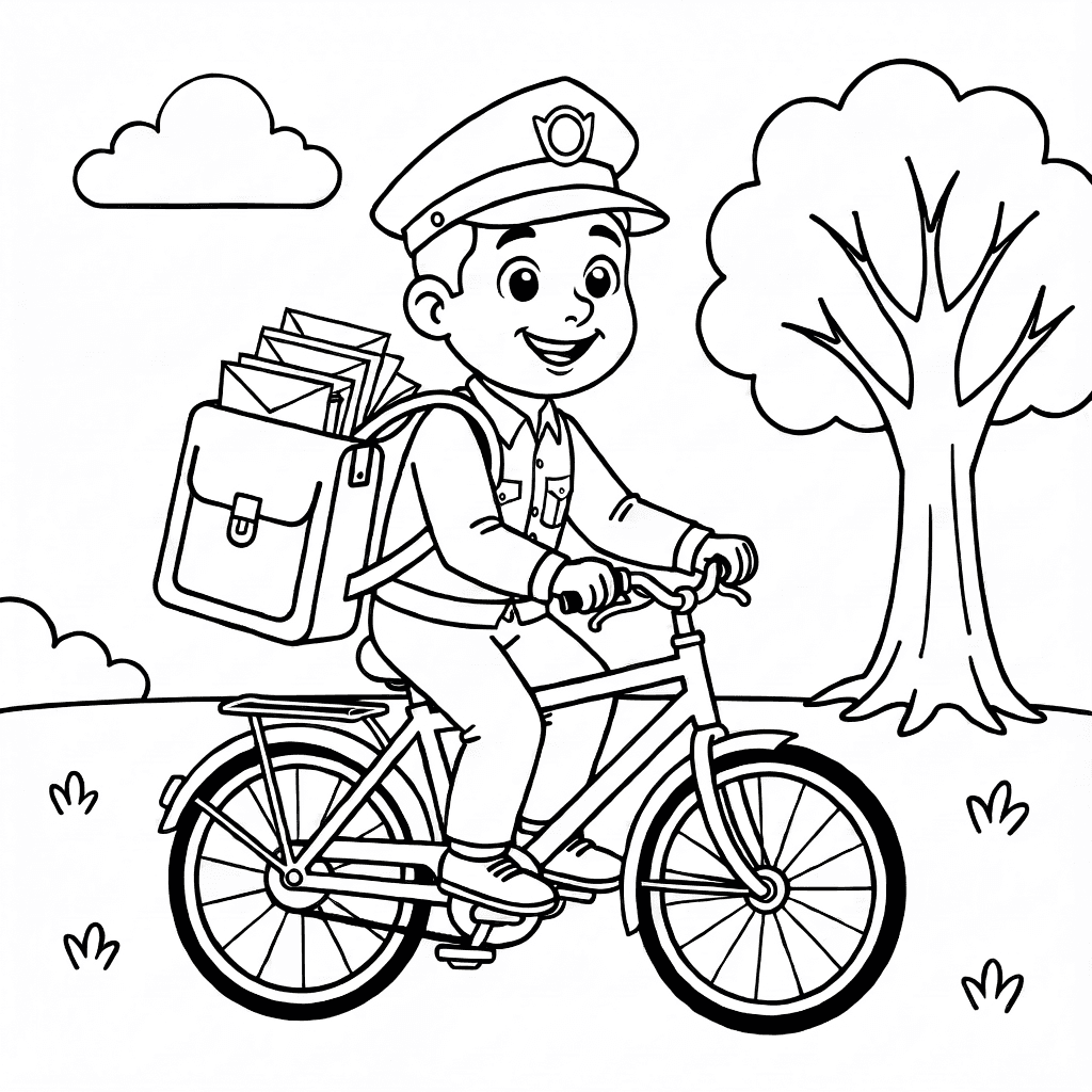 Fröhlicher Briefträger mit Fahrrad und großer Tasche, Baum und Wolken im Hintergrund