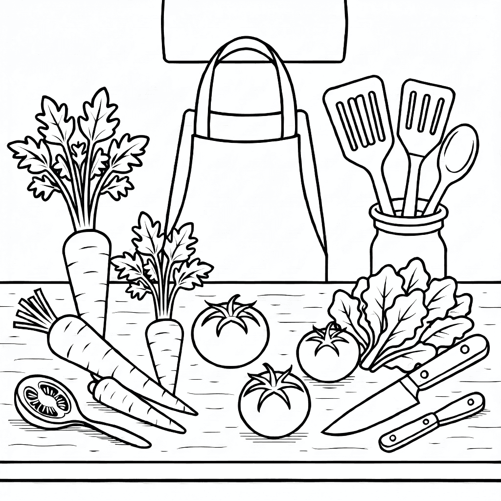 Küchenarbeitsplatte mit Karotten, Tomaten, Blattgemüse, Spatel, Löffeln, Messern und Kochschürze