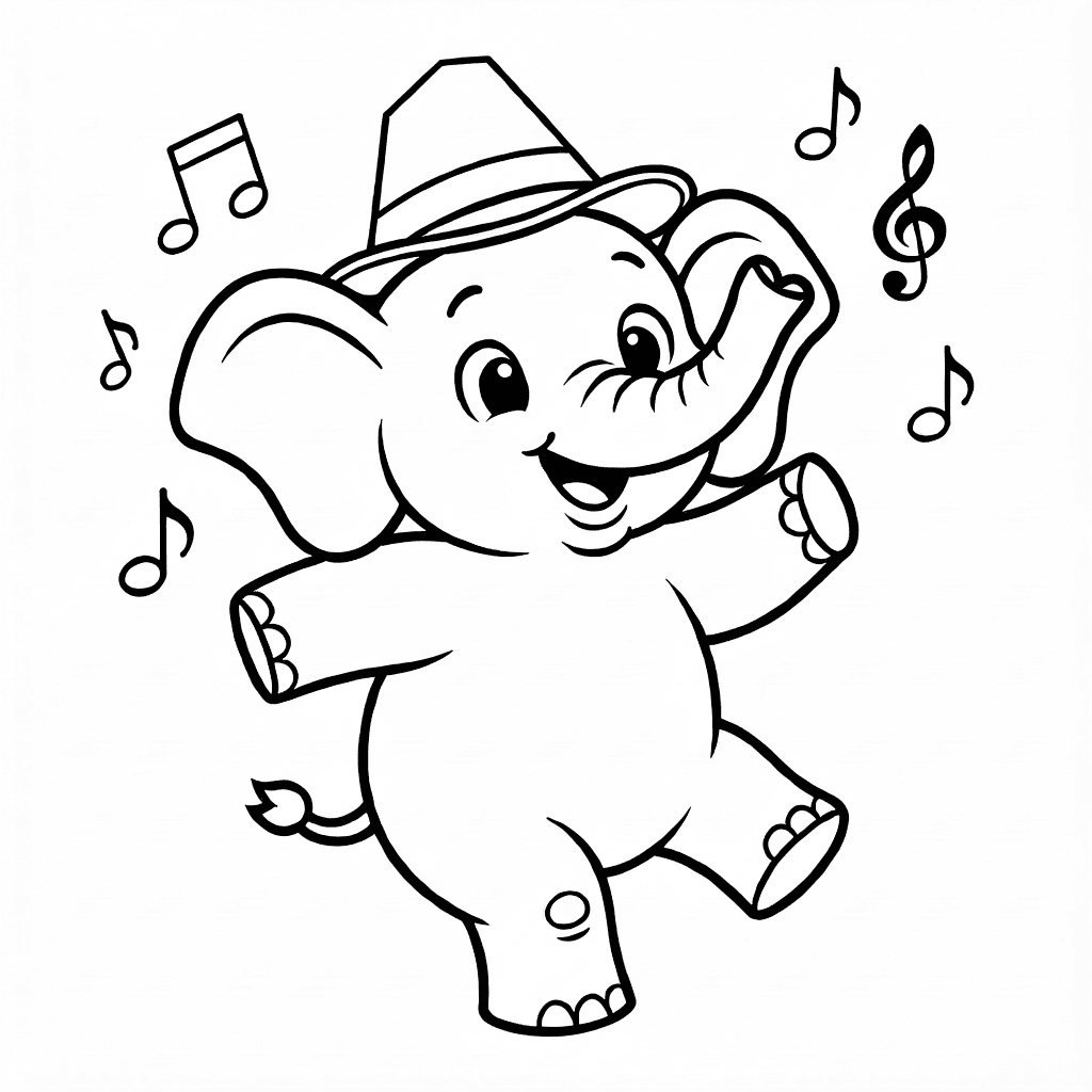 Ein süßer Elefant tanzt mit einem Musik-Hut und schwebenden Noten