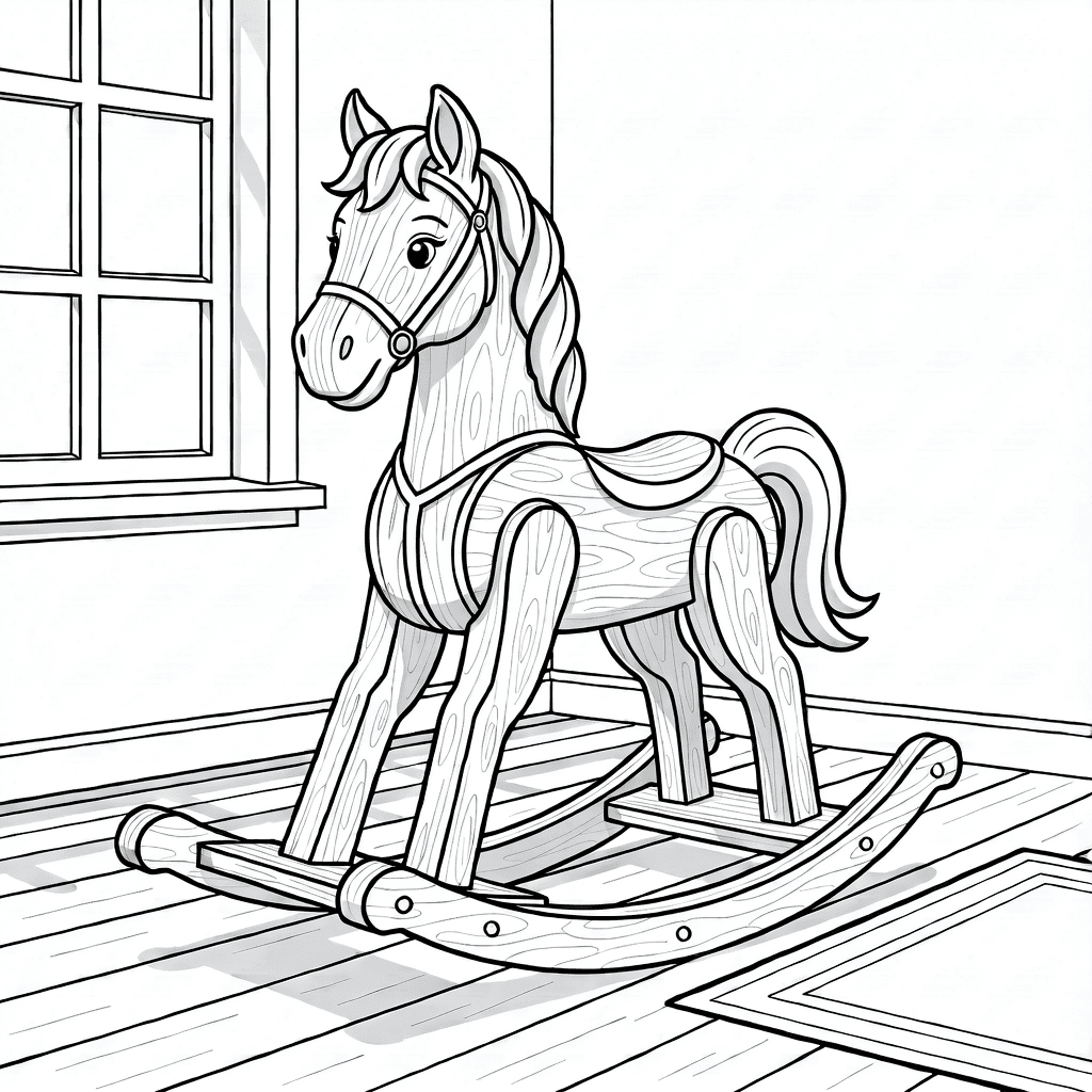 Cavallo a dondolo di legno con dettagli intagliati e criniera realistica in stanza giochi soleggiata
