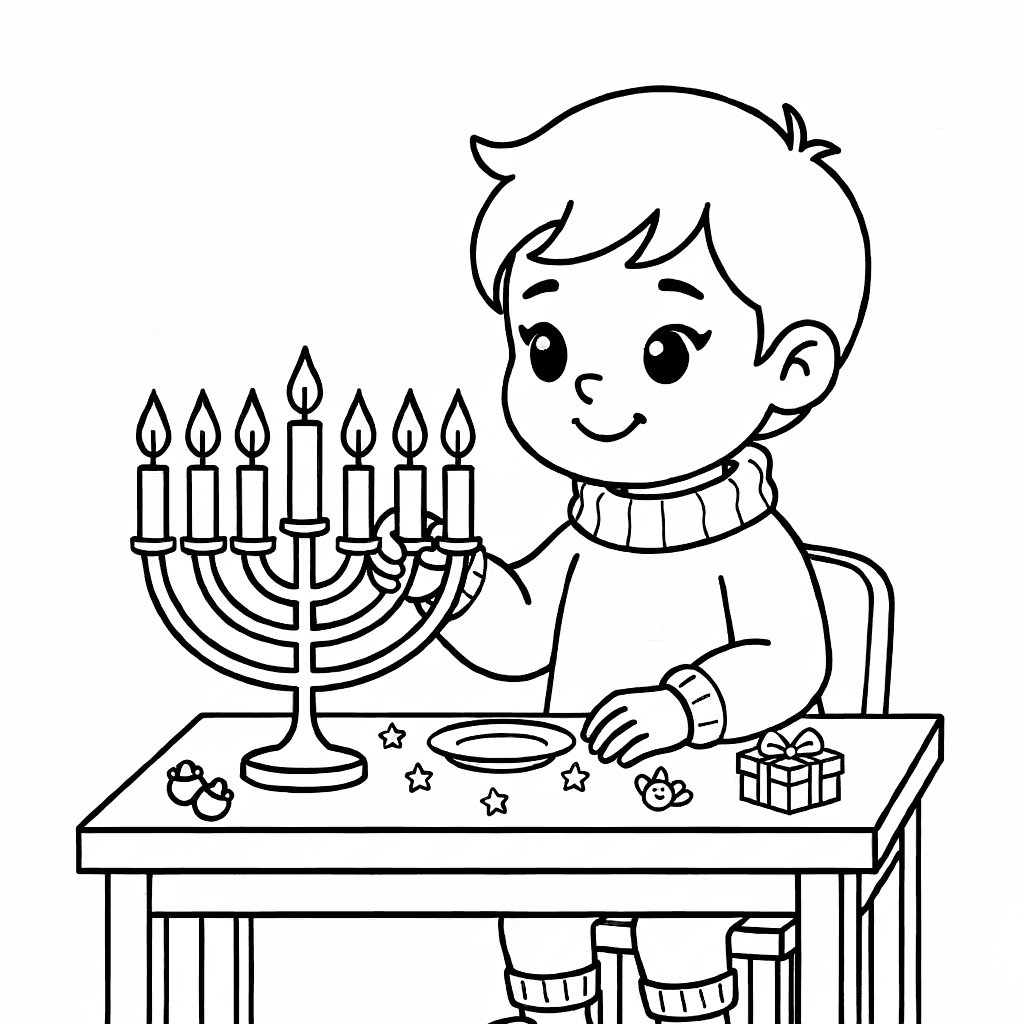 Child lighting candles on a nine-branched menorah at a decorated table with a happy, cozy expression