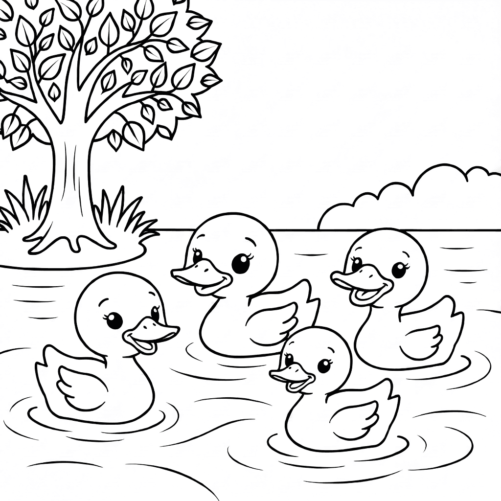 Uma família feliz de patos nadando em um rio perto de uma árvore com muitas folhas e ondas suaves na água