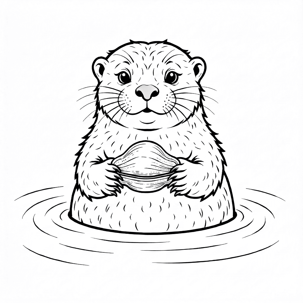 Realistic sea otter floating on calm water holding a clam on its chest with detailed fur and rippling water