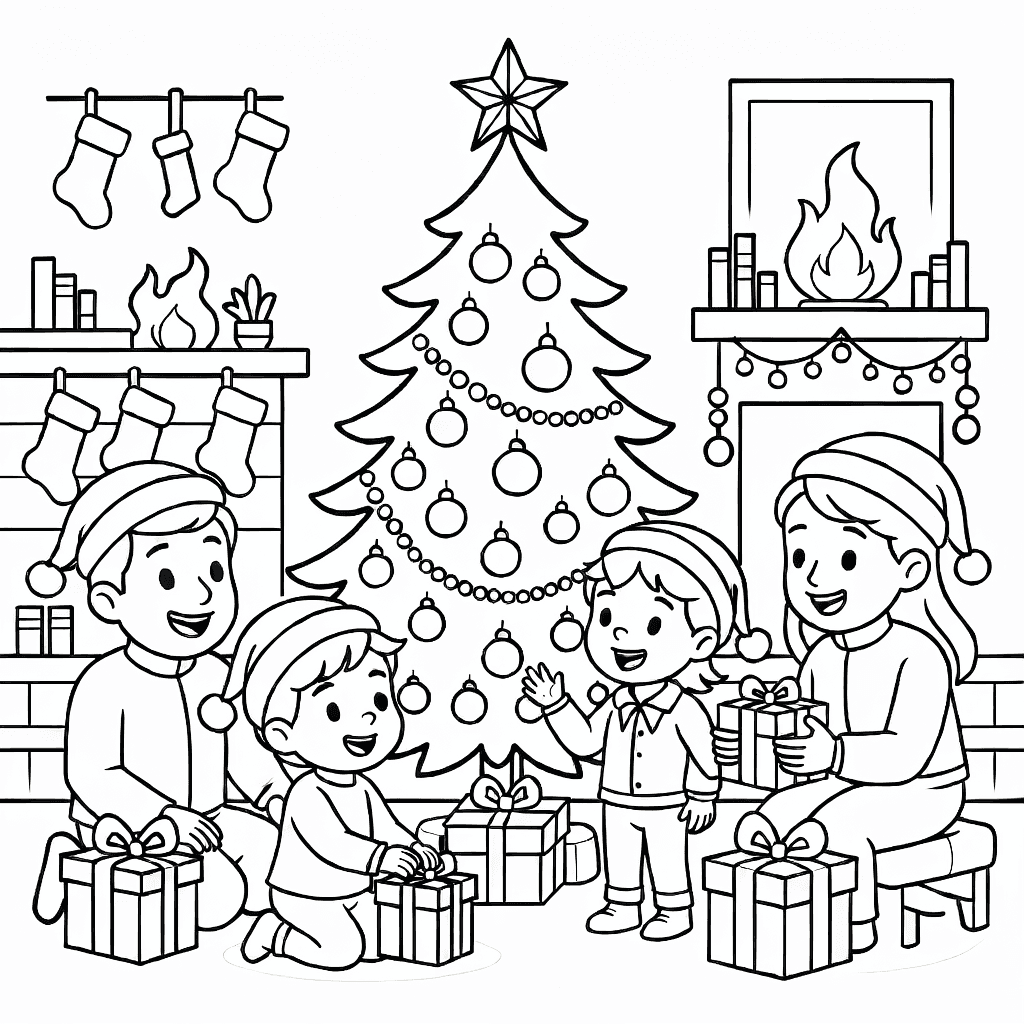 A cozy Christmas living room scene with decorated tree, stockings, and fireplace