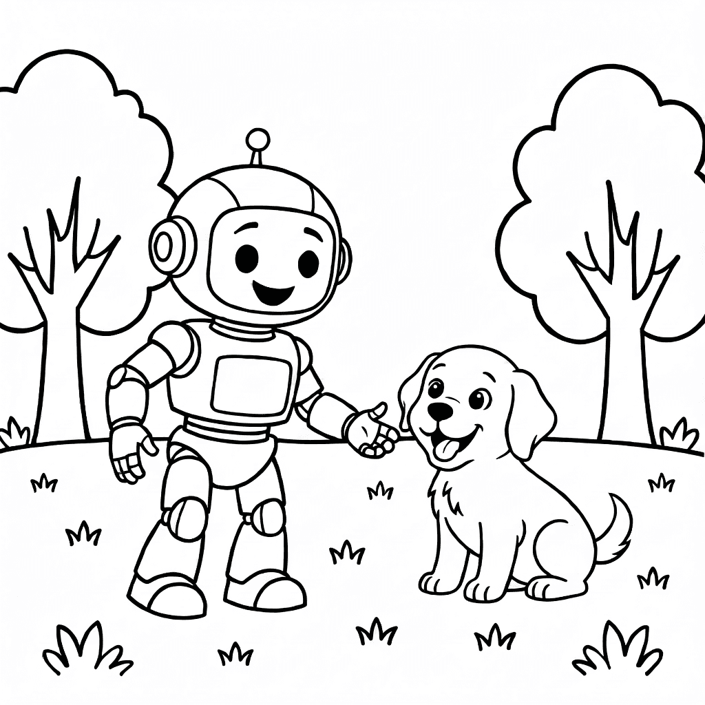 Robot sorridente con forme arrotondate che gioca con un cucciolo felice in un parco con alberi e prato