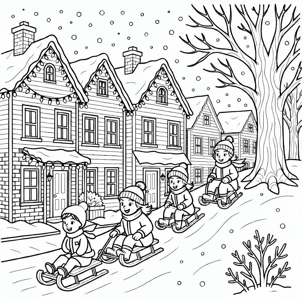 Winterstraße mit Häusern geschmückt mit Weihnachtslichtern, Kinder rodeln einen verschneiten Hügel hinunter, schneebedeckte