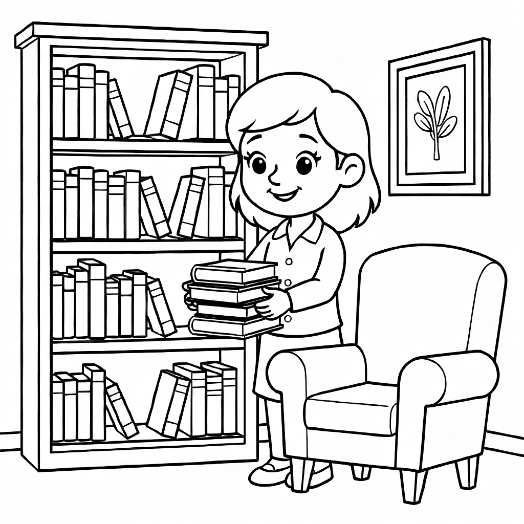 Lächelnde Bibliothekarin stapelt Bücher in gemütlichem Leseraum mit Sessel und Bücherregal