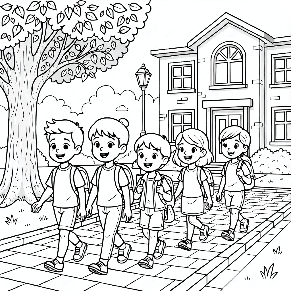 Groupe d'enfants marchant vers l'école sur un trottoir ensoleillé avec arbres et bâtiment scolaire en arrière-plan