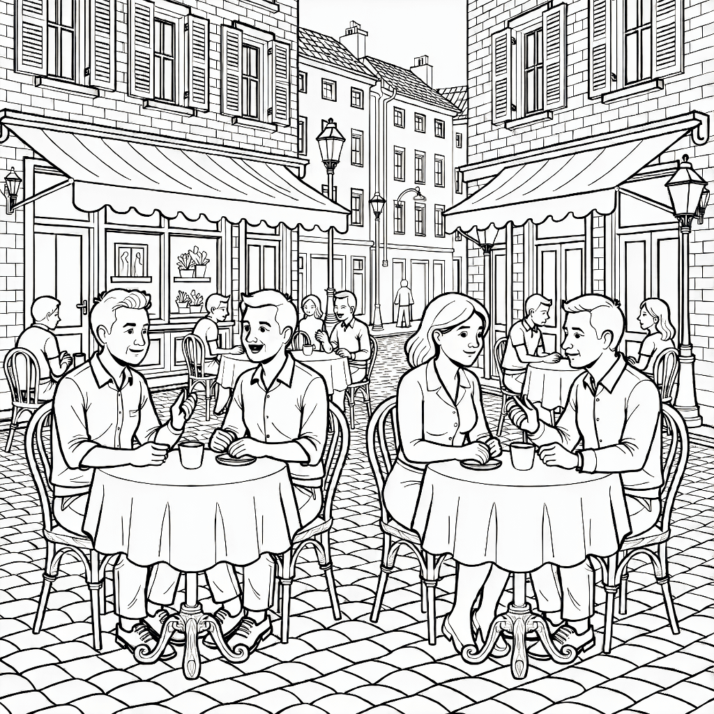 Open-air café with people sitting at tables on cobblestone street, detailed chairs, tables, buildings, and street lamps