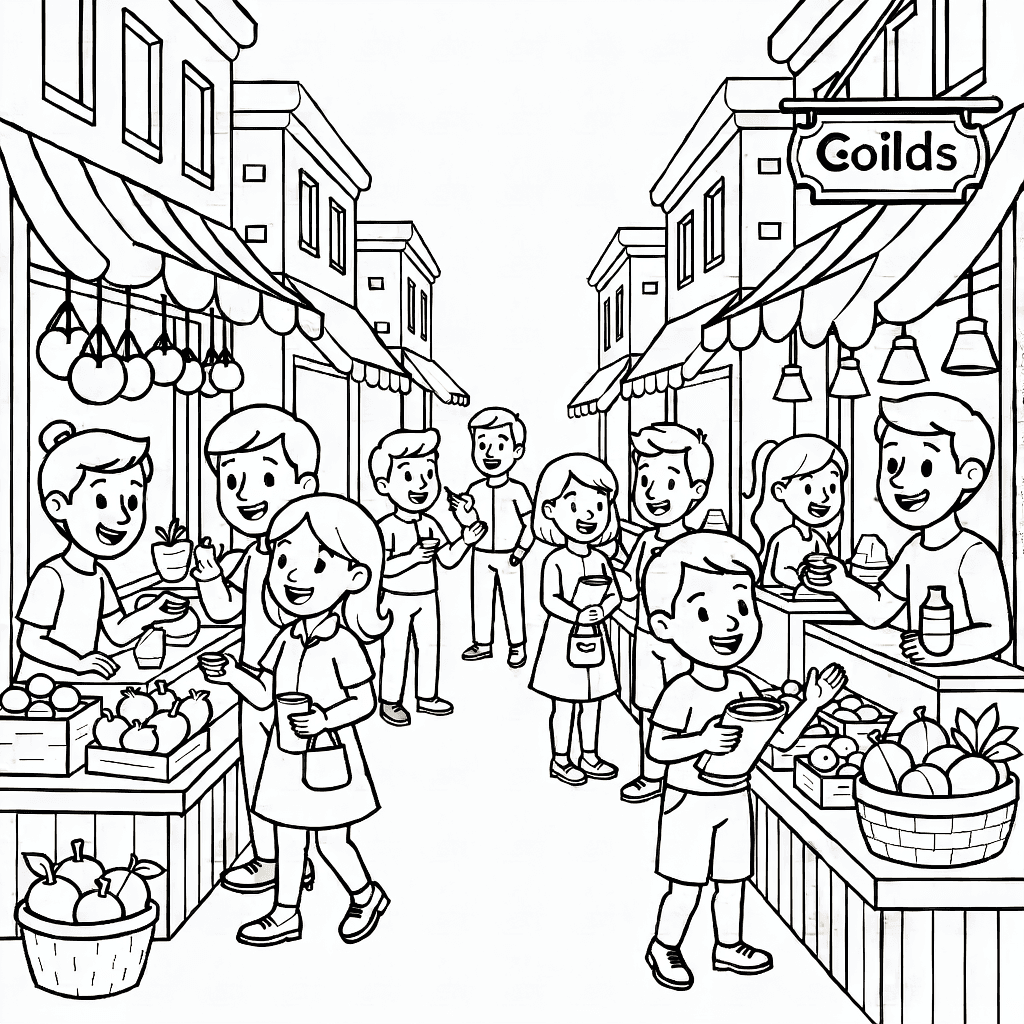 Marktstraße mit lächelnden Menschen, bunten Ständen, Obstkorb und hängendem Schild