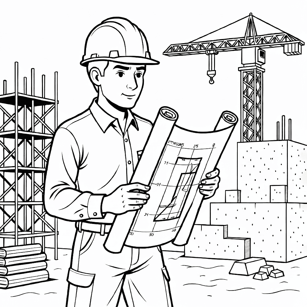 Ein Architekt mit Schutzhelm hält Baupläne auf einer Baustelle mit Gerüst, Kran und Gebäuden.