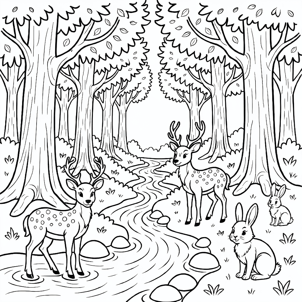 A calm forest scene with trees, bushes, and small animals under a clear sky