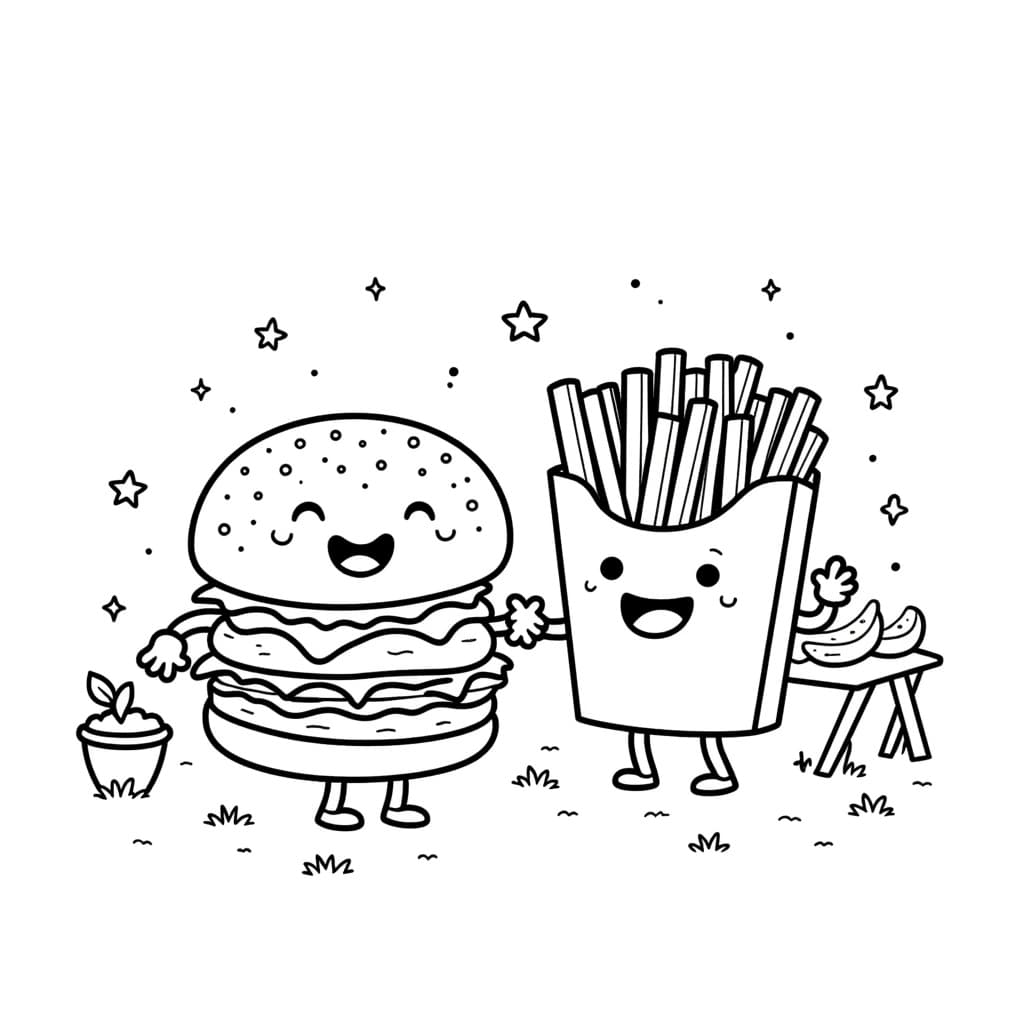 A smiling burger and fries holding hands, both with happy faces