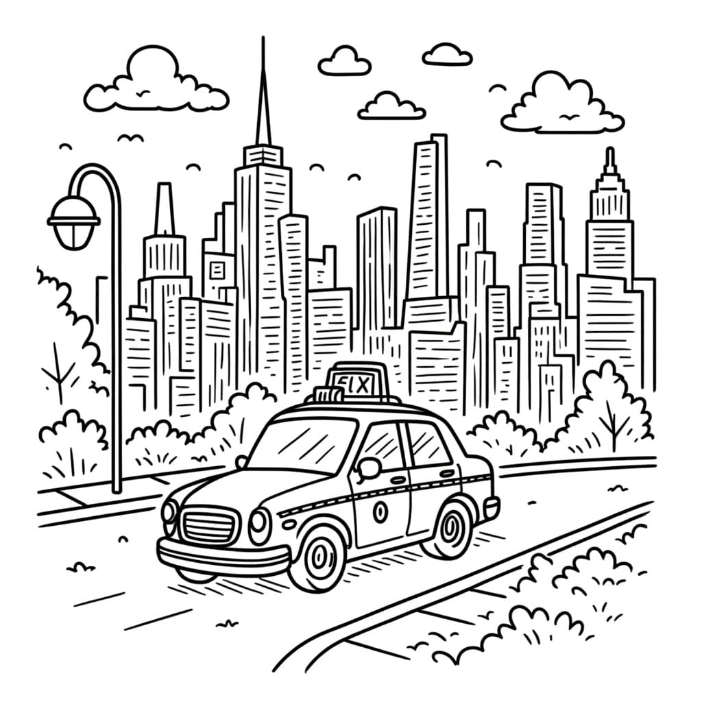 Illustration of New York City skyline with tall buildings and a yellow taxi in the foreground
