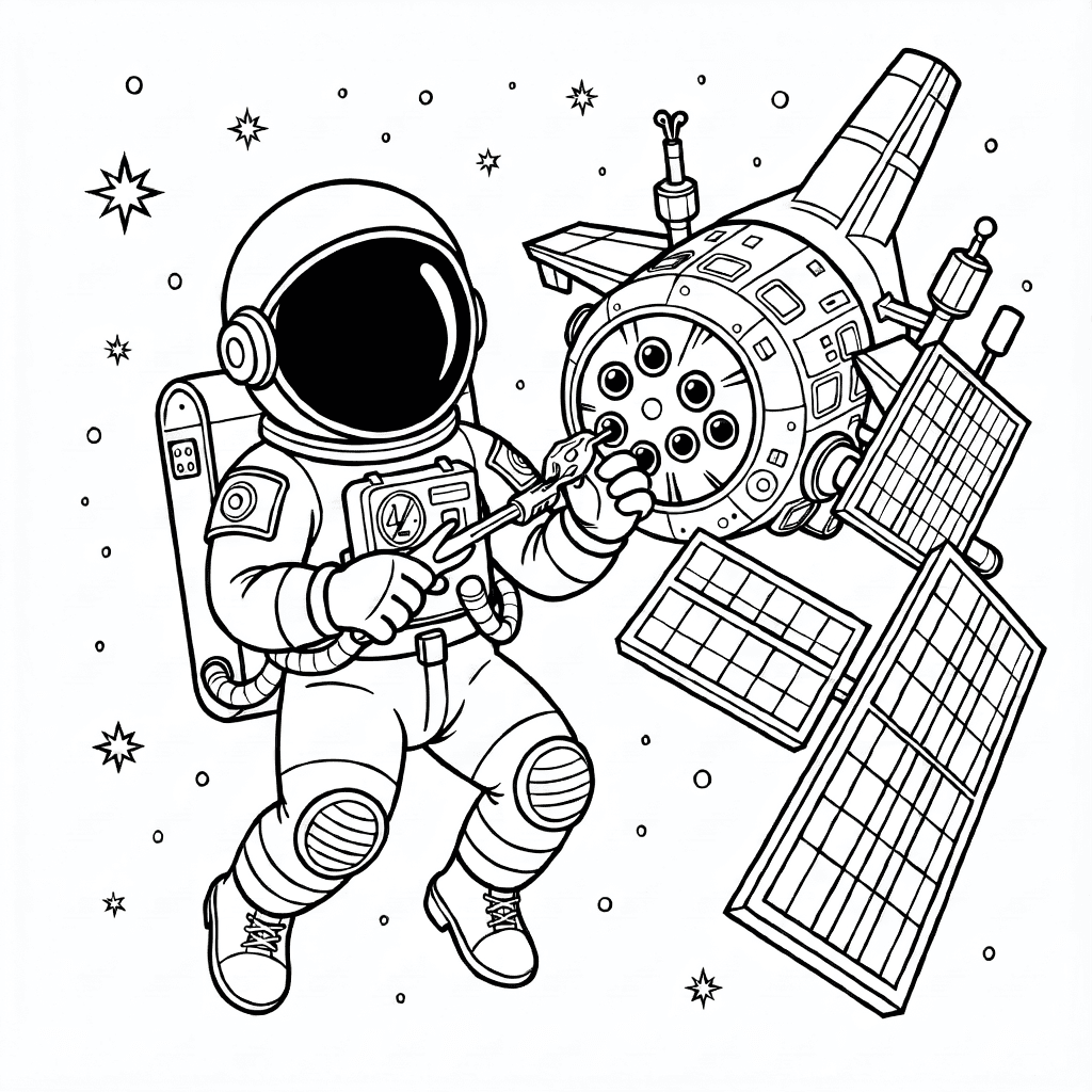 Astronauta em traje espacial consertando satélite com painéis solares e antenas, flutuando perto de nave em espaço estrelado