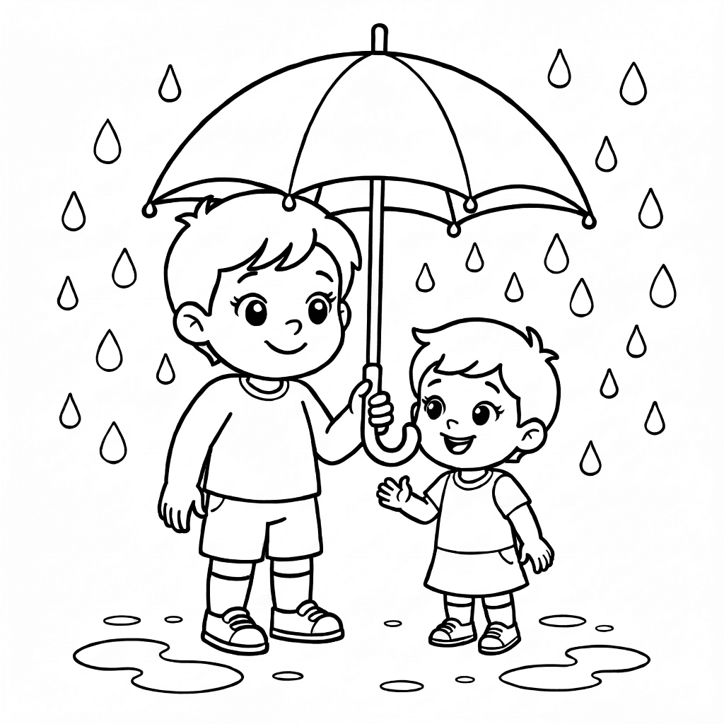 An older child sharing a large umbrella with a younger sibling in the rain, both smiling happily