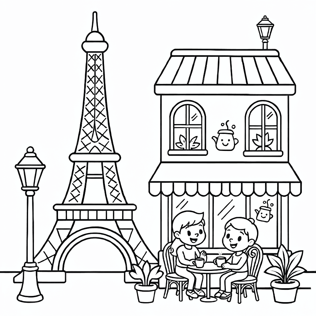 Illustration of the Eiffel Tower next to a café with tables and chairs in Paris